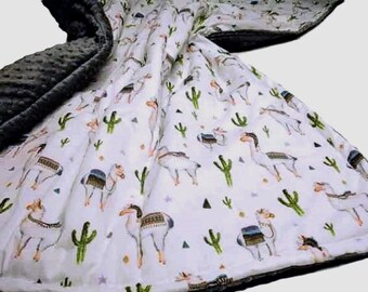 Llama Blanket, Personalized Alpaca Bedding for Boy, Minky Cactus Blanket, Warm and Soft Neutral Throw, Aztec Decor