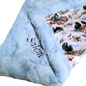 Raven Gift, Blanket for Adult, Embroidered Bird Blanket, Custom Minky Fur Plush Birds in Trees Throw Neutral Nature Decor