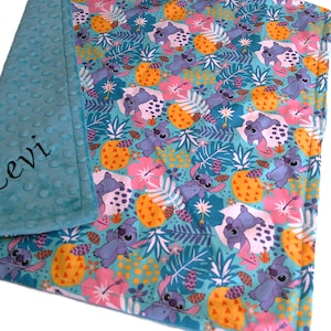 Stitch Blanket, Personalized Tropical Stitch Baby Gift with Embroidered Name, Cotton and Minky Plush Toddler Blanket