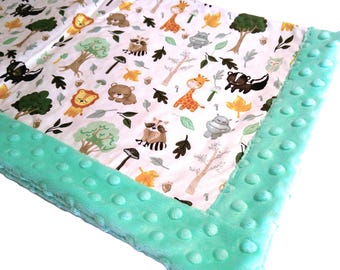 Zoo Animals Baby Lovey, Ready to Ship Baby Gift, Jungle Animals Security Blanket, Cotton and Minky