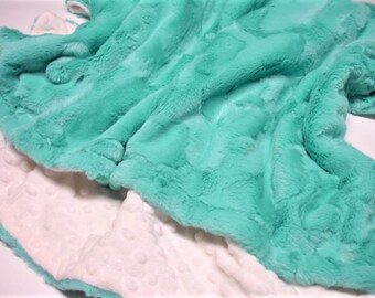 Cream Minky Blanket Aruba Fur Teal Ready to Ship