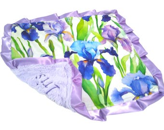 Iris Floral Lovey, Personalized Purple and Blue Minky Blanket with Satin Ruffle Option