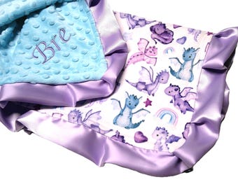 Purple Dragon Lovey, Personalized Minky Baby Blanket for Newborn Girl, with Satin Ruffle Option