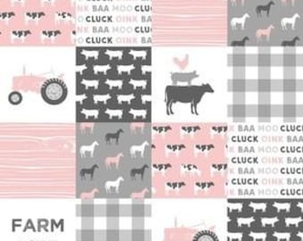 Minky Fabric, Farm Life Quilting Panel, 24"x36" Girls Pink and Gray Material for Baby Blanket