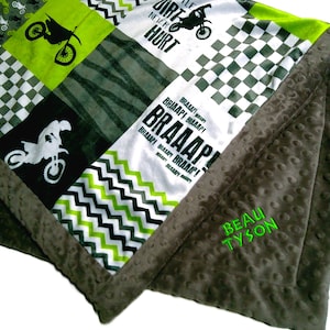 Dirt Bike Blanket, Personalized Motocross Baby Gift, Dirt Life Racing Bedding for Boy, Lime Green and Black  Minky Blanket