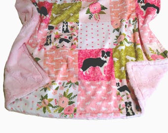Border Collie Blanket, Personalized Baby Girl Dog Bedding, with Satin Ruffle Option, Pink Floral