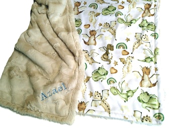 Baby Dragons Blanket, Personalized Baby Gift, Custom Dragon Theme Nursery, Toddler Bedding, Baby Shower Gift, Satin Ruffle Option