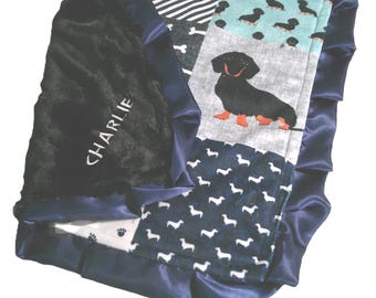 Personalized Wiener Dog Blanket, Dachshund Minky Plush Bedding, Black Tan Doxie, Satin Ruffle Option