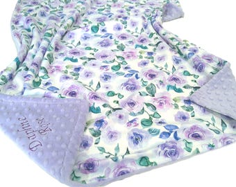 Roses Blanket, Purple Rose Throw, Personalized Floral Bedding, With Satin Ruffle Option