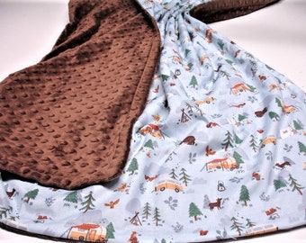 Camp Woodland Flannel Blanket Personalized Comforter Baby Toddler Child Adult Minky Blanket