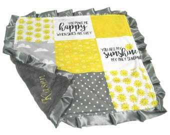 Personalized You Are My Sunshine Blanket, Sun Baby Nursery Bedding, Satin Ruffle Option