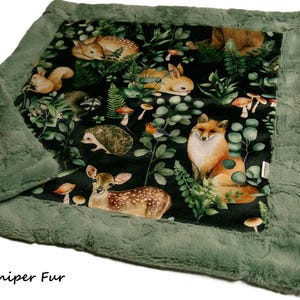 Woodland Animals Minky Baby Blanket, Forest Friends Green Foliage Bedding, Personalized Baby Blanket with Embroidered Name, Baby Shower Gift