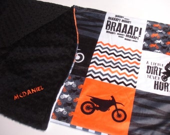 Dirt Bike Blanket Personalized Baby Blanket Toddler Child Adult Minky Blanket Orange Gray Black