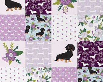 Minky Fabric, Wiener Dog for Girls, Doxi Wholecloth Quilting Panel Purple and Aqua Floral