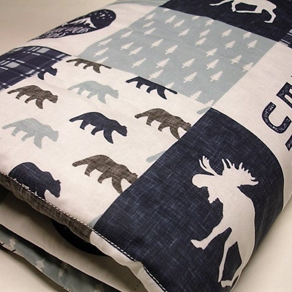 Happy Camper Blanket Cotton Comforter Personalized Blanket Baby Toddler Child Adult Blanket Navy Gray Dusty Blue Minky