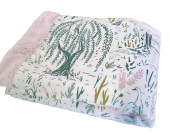 Willow Blanket, Duck Pond Shower Gift for Baby Girl, Cottagcore Wildflower Minky Throw, Botanical