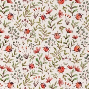 May include: Watercolor illustration of a repeating pattern featuring ladybugs, flowers, and foliage. The ladybugs are red with black spots, the flowers are pink, and the leaves are green. The background is off-white.