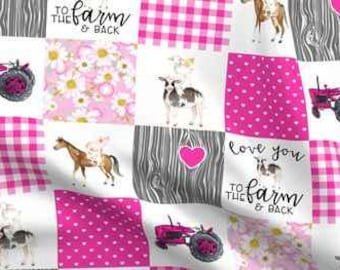 Farm Love Cotton Fabric Panel 42"x54" Cotton Quilting Fabric Hot Pink Gray Yellow Wholecloth Cheater Quilt Fabric