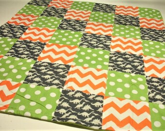 Dinosaur Baby Blanket Minky Patchwork Navy Green Orange Ready to Ship