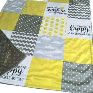 Personalized You Are My Sunshine Blanket, Sun Baby Gift, Yellow Gray Nursery Bedding, Gender Neutral Toddler Blanket
