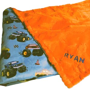 Monster Trucks Blanket, Personalized Blanket for Boy, Monster Jam Gift for Toddler, Minky Boys Bedding, 4 Wheel Trucks image 3