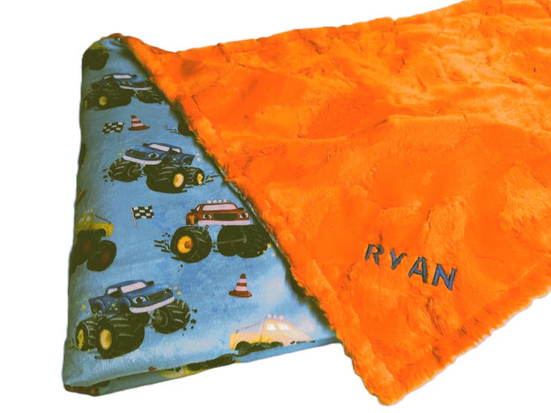 Monster Trucks Blanket, Personalized Blanket for Boy, Monster Jam Gift for Toddler, Minky Boys Bedding, 4 Wheel Trucks image 3
