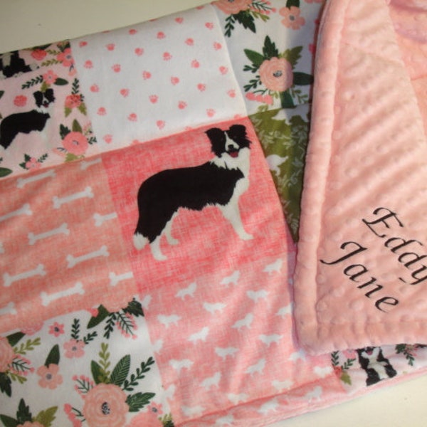 Border Collie Blanket Personalized Baby Girl Blanket Toddler Child Adult Blanket Pink Green Floral