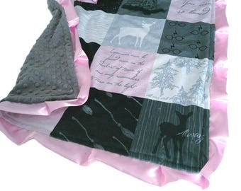 Baby Blanket, Personalized Wizard Bedding  for Girl, Pink and Gray With Satin Ruffle Option