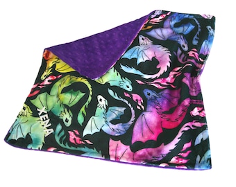 Dragon Blanket, Personalized Gift Black Dragons Minky Plush Blanket, Rainbow Colors, Gender Neutral Throw