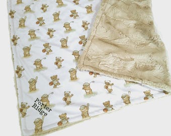 All Sport Teddy Bear Blanket, Personalized Bedding, All Sizes, Satin Ruffle Option