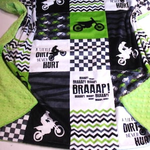 Dirt Bike Blanket Personalized Baby Blanket Toddler Child Adult Minky Blanket Lime Green Black Gray
