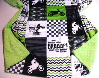 Dirt Bike Blanket Personalized Baby Blanket Toddler Child Adult Minky Blanket Lime Green Black Gray