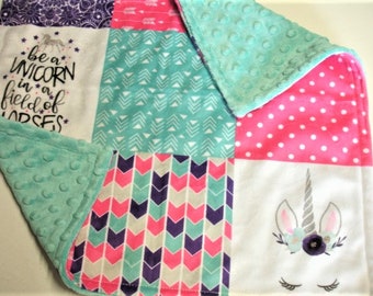 Unicorn Baby Lovey, Ready to Ship Baby Shower Gift, Newborn Girl Security Blanket, Pink Teal Purple Minky Plush