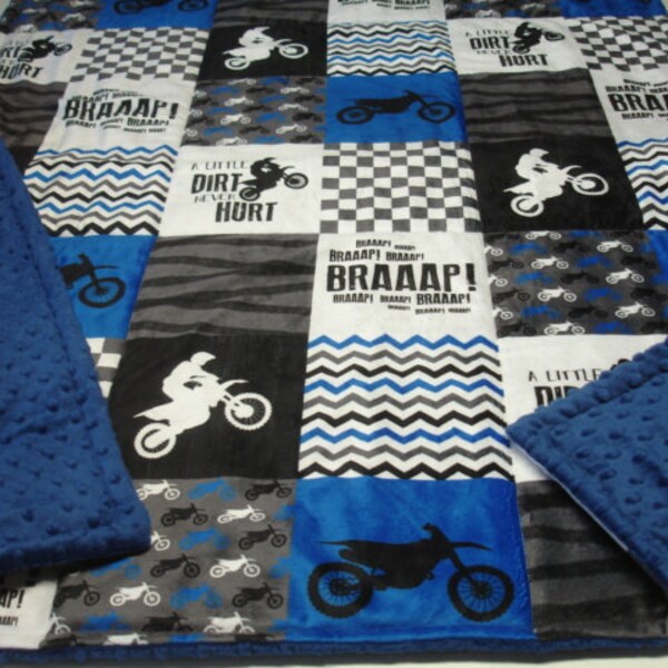 Dirt Bike Blanket Personalized Baby Blanket Toddler Child Adult Minky Blanket Bright Blue Black Gray