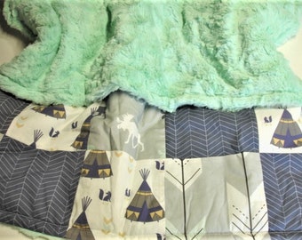 Moose Blanket Woodland  Patchwork Comforter Navy Mint Gray Fur Ready to Ship