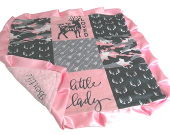 Personalized Baby Girl Blanket, Little Lady Custom Pink Woodland Animals with Satin Ruffle Option