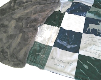 Personalized Wizard Blanket, Stag and Doe Bedding, Black and Gray, Satin Ruffle Option