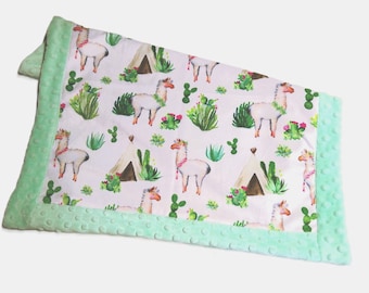 Personalized Llama Blanket, Aztec Alpaca Bedding for Girl, Satin Ruffle Option, Cactus and Llama Theme Decor