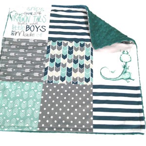 Dragon Blanket for Boy, Personalized Chivalry Theme Bedding, Teal Mint Gray with Satin Ruffle Option