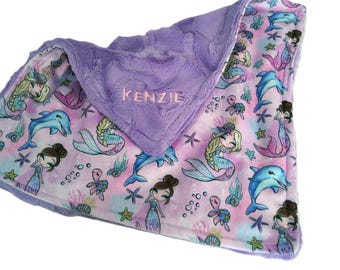 Mermaid Blanket, Personalized Dolphins and Under the Sea Bedding, Pastel Colors with Satin Ruffle Option