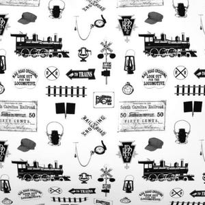 May include: A white fabric featuring a repeating black print of vintage railroad motifs, including steam locomotives, railroad crossing signs, pocket watches, lanterns, conductor caps, train tracks, and South Carolina Railroad currency.