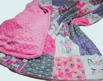 Cat Blanket for Girl, Personalized Kitten Bedding, She Be but Little She is Fierce, Pink and Purple with Satin Ruffle Option
