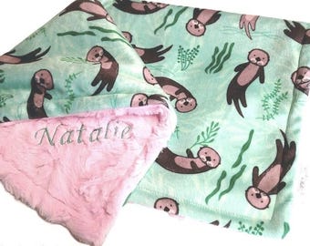 Otter Blanket, Personalized Under the Sea Bedding, All Sizes, Minky Plush with Satin Ruffle Option
