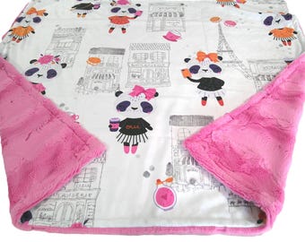 Panda Blanket, Paris Travel Blanket, Pink and Black Throw for Girl