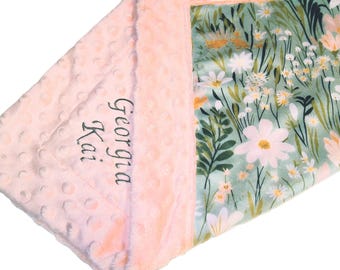 Daisy Blanket, Personalized Sage Floral Bedding, All Sizes, Wildflower Minky Plush, Satin Ruffle Option