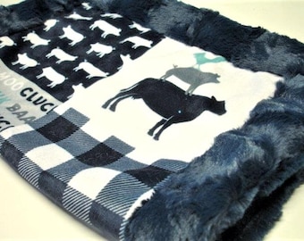 Baby Lovey, Farm Life Security Blanket, Navy and Gray Minky Plush Tractor Snuggly, Ready to Ship