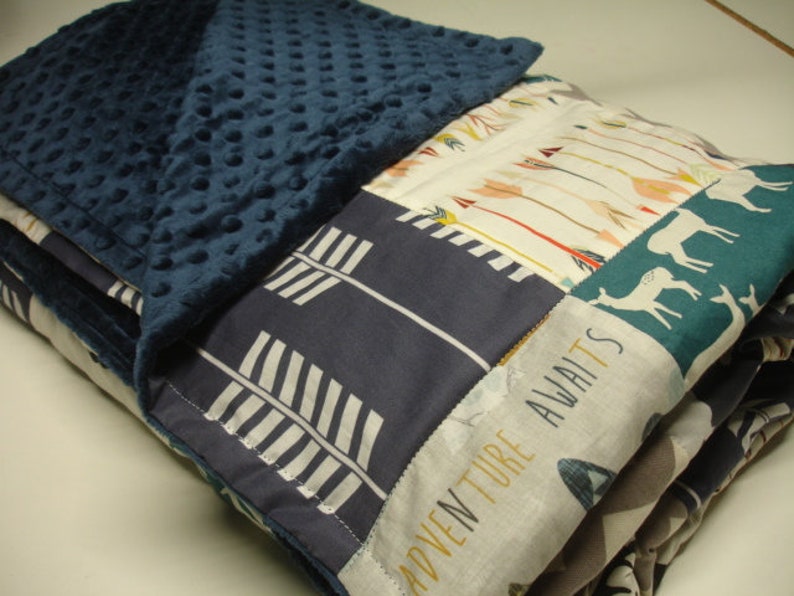 Adventure Awaits Navy Teal Gray with Woodland Animals Minky Blanket You Choose Size MADE TO ORDER
