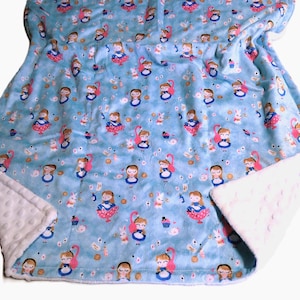 Baby Shower Gift for Girl, Alice in Wonderland Baby Blanket, Ready to Ship Minky Plush Pink and Blue