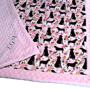 Chocolate Lab Blanket, Personalized Pink Floral Throw, Brown Dog Bedding, Baby Gift, Toddler Dog Gift, Custom Monogram Throw for Girl