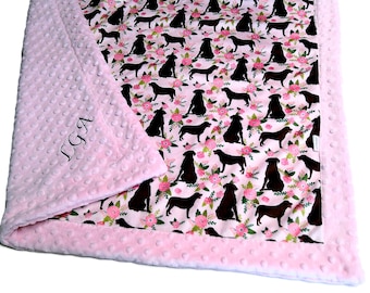 Chocolate Lab Blanket, Personalized Pink Floral Bedding, Brown Dog Throw with Satin Ruffle Option